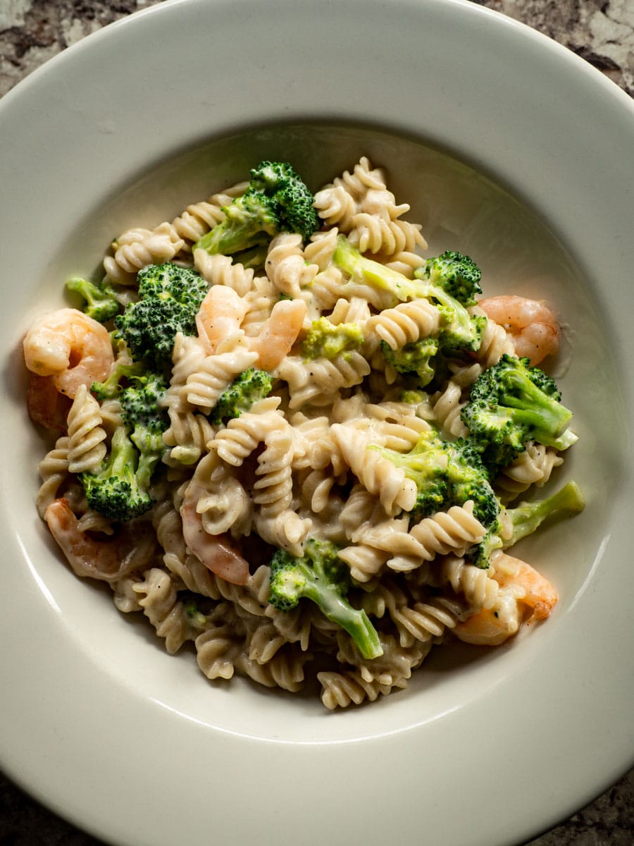 Creamy pasta with broccoli and shrimp.