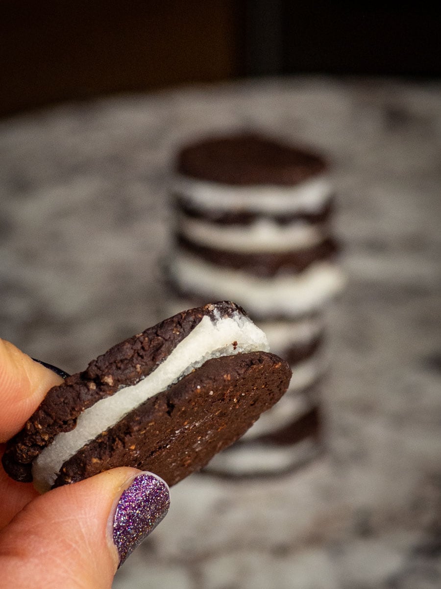 Hand holding a homemade oreo.