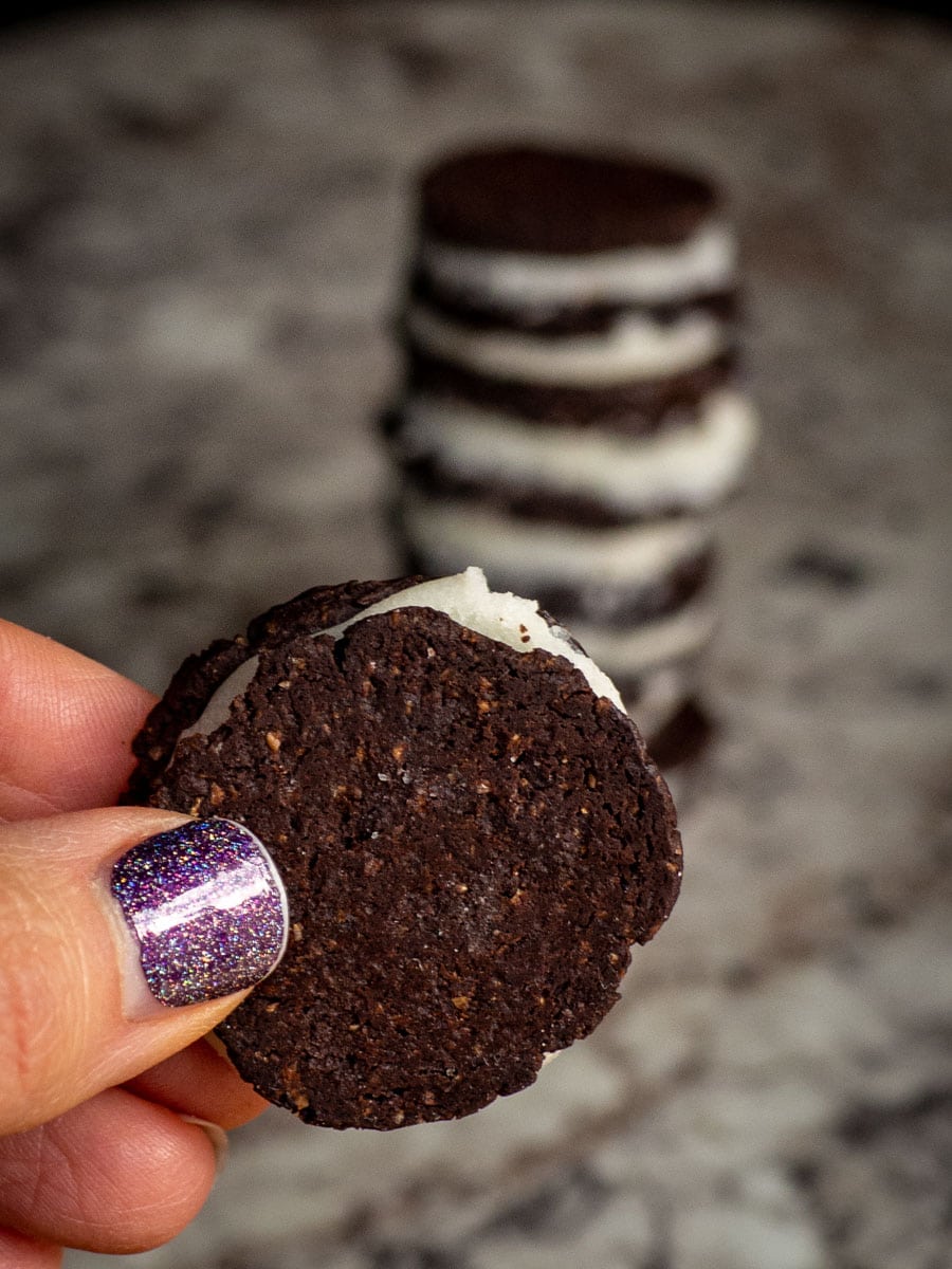 Hand holding up an oreo-inspired cookie.