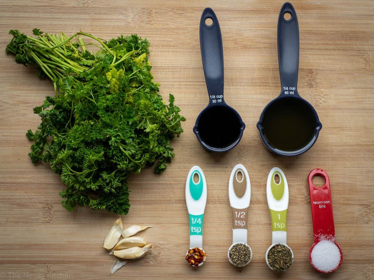 Ingredients measured out for chimichurri sauce.