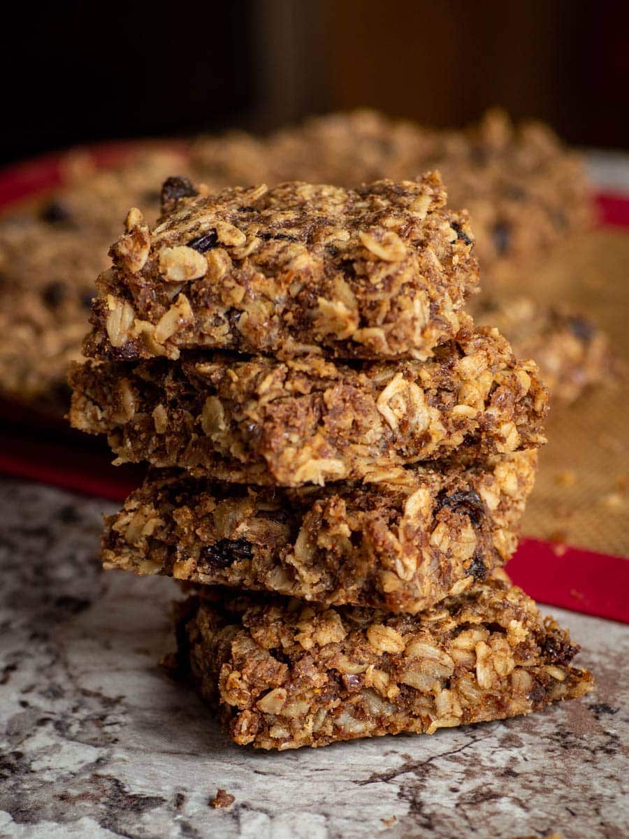 Stack of oatmeal cookie squares.