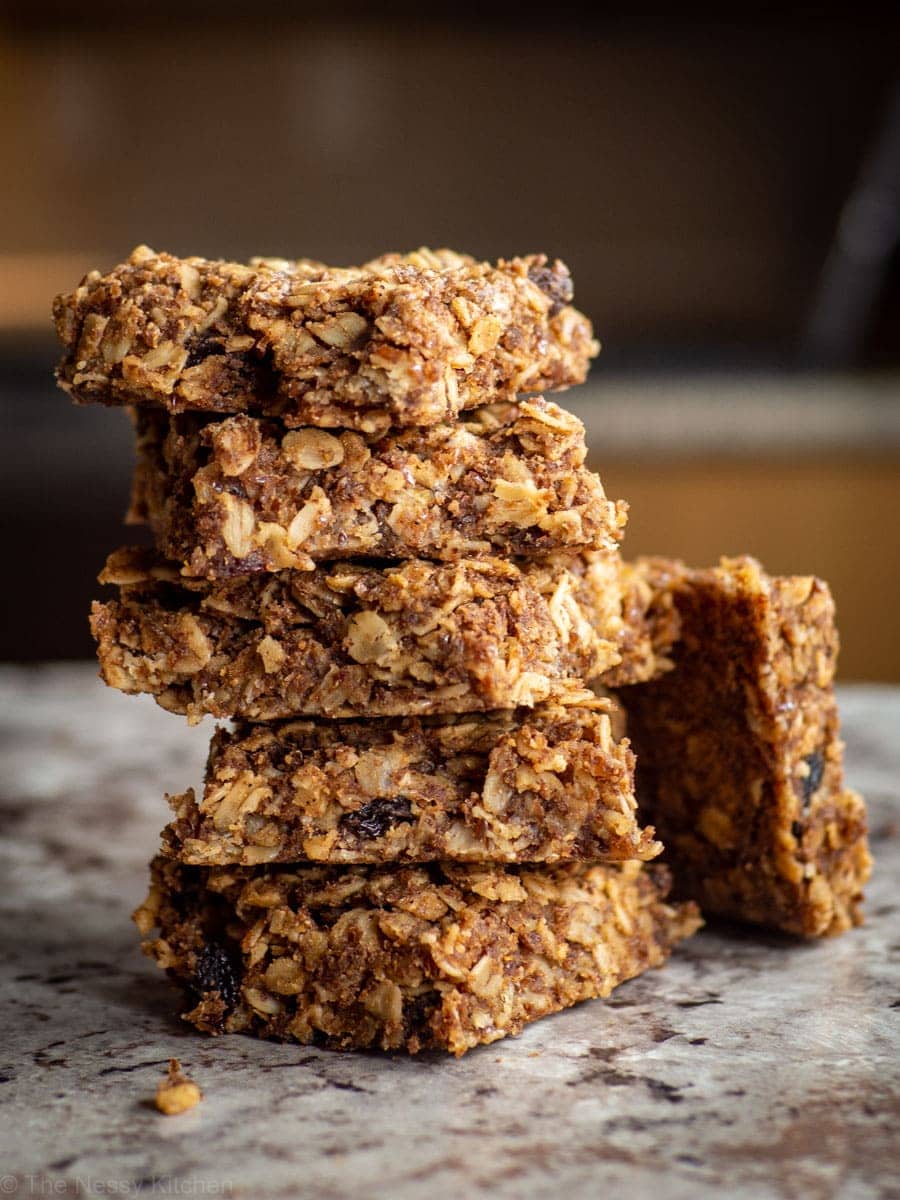 Stack of oatmeal cookie bars.