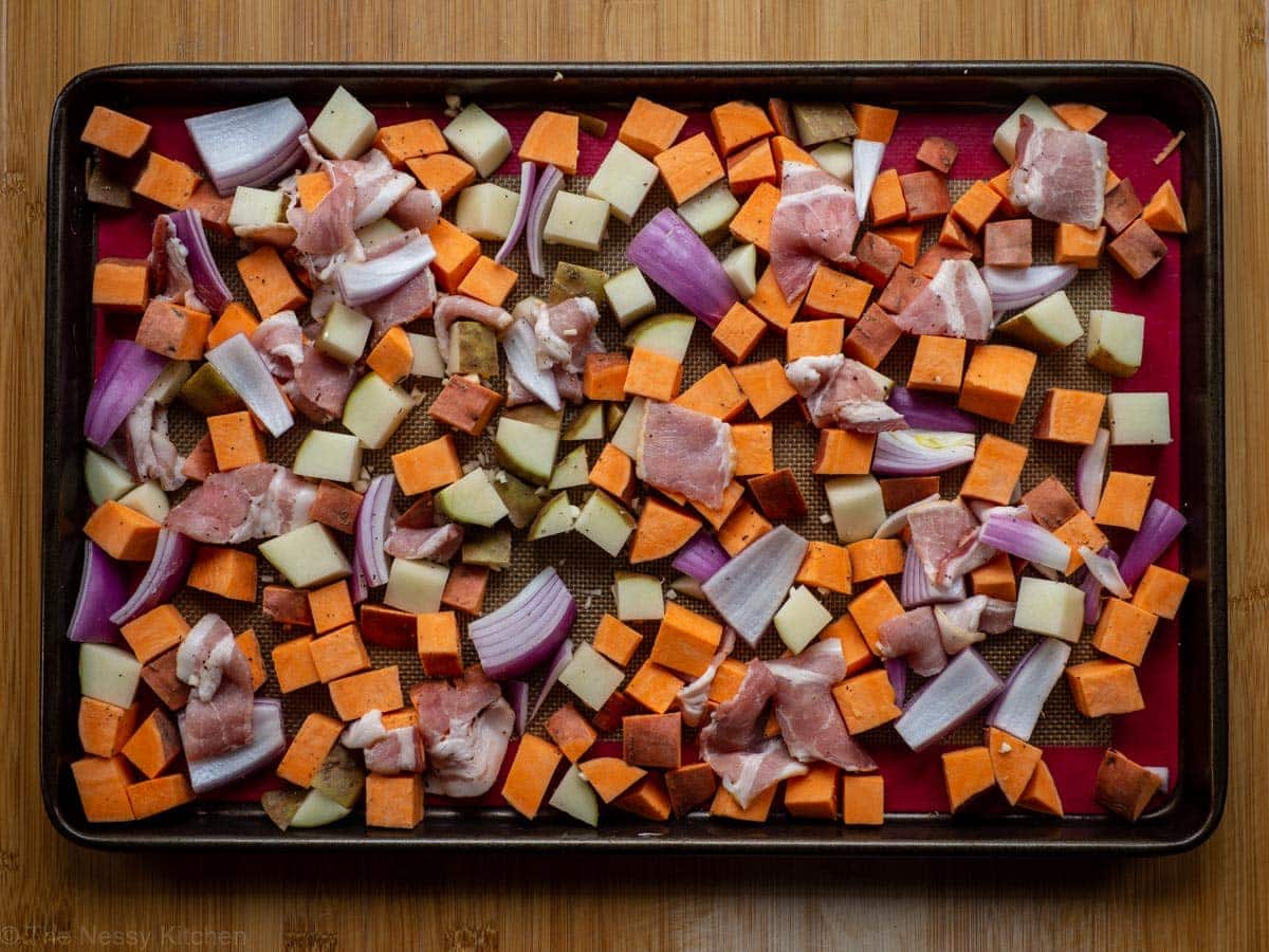 Ingredients mixed together and spread on a sheet pan.