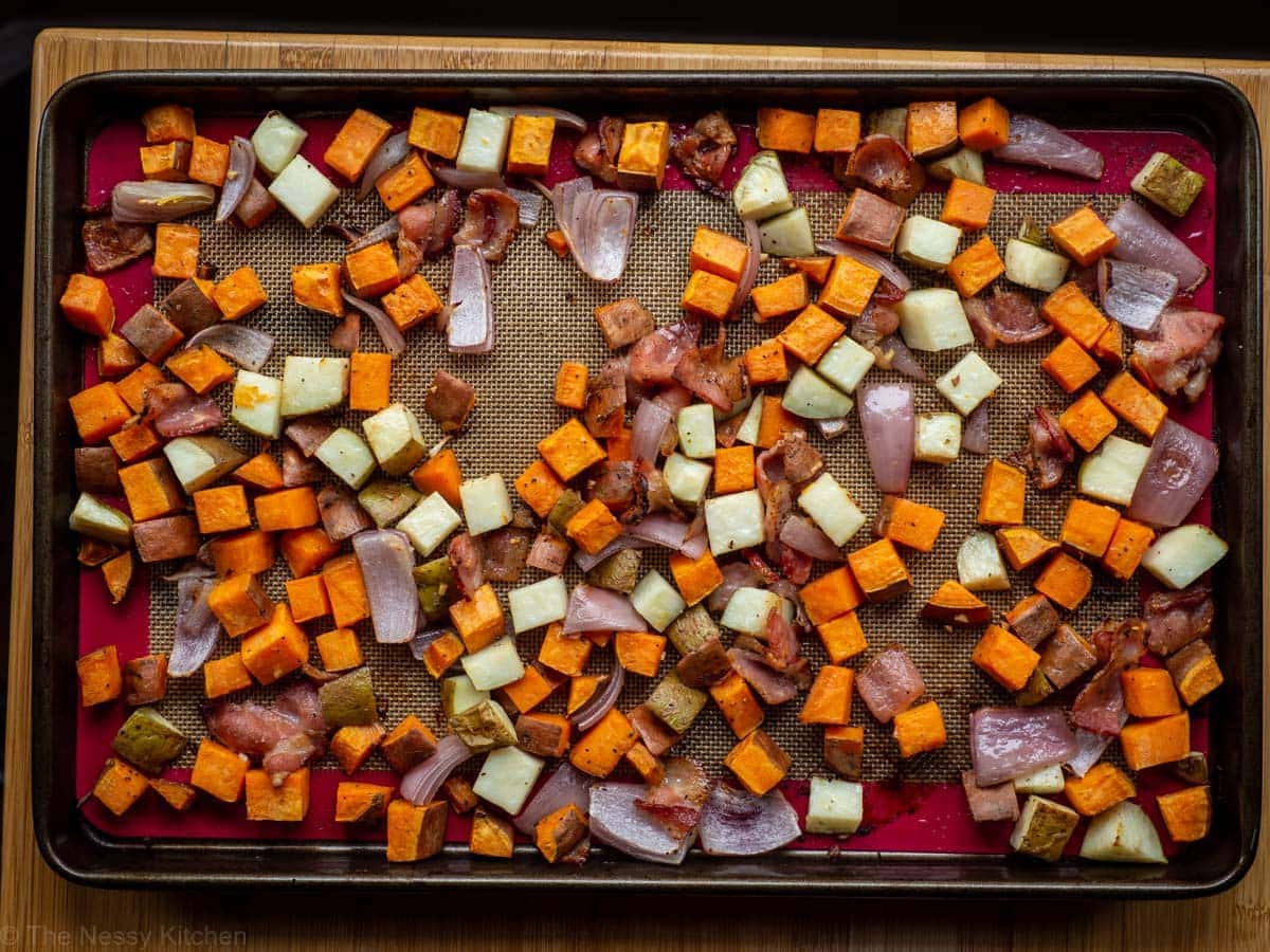 Vegetables roasted on a sheet pan.