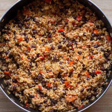 Top view of chorizo rice with beans in a skillet.