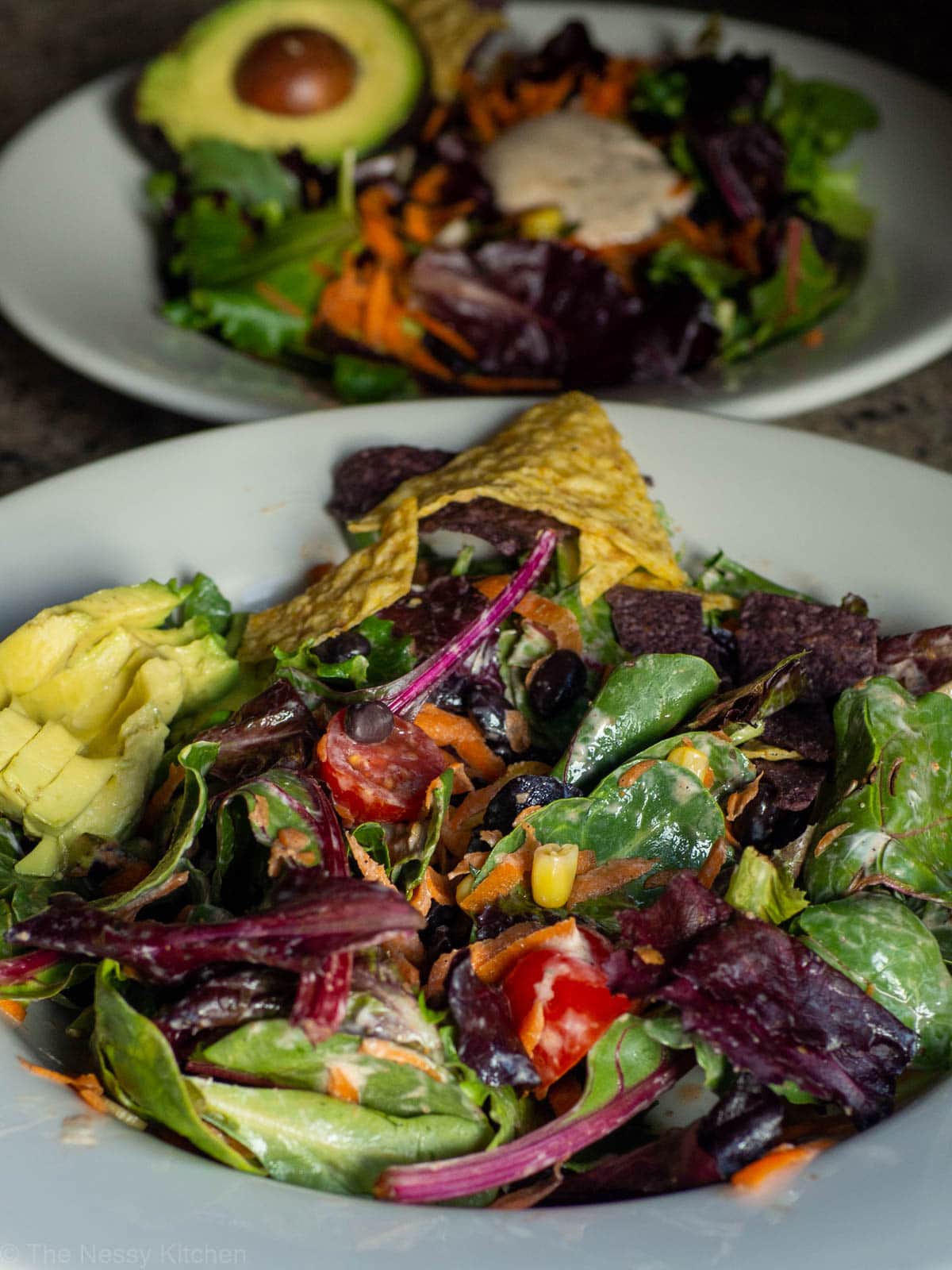 Santa fe salad topped with avocado and tortillas.