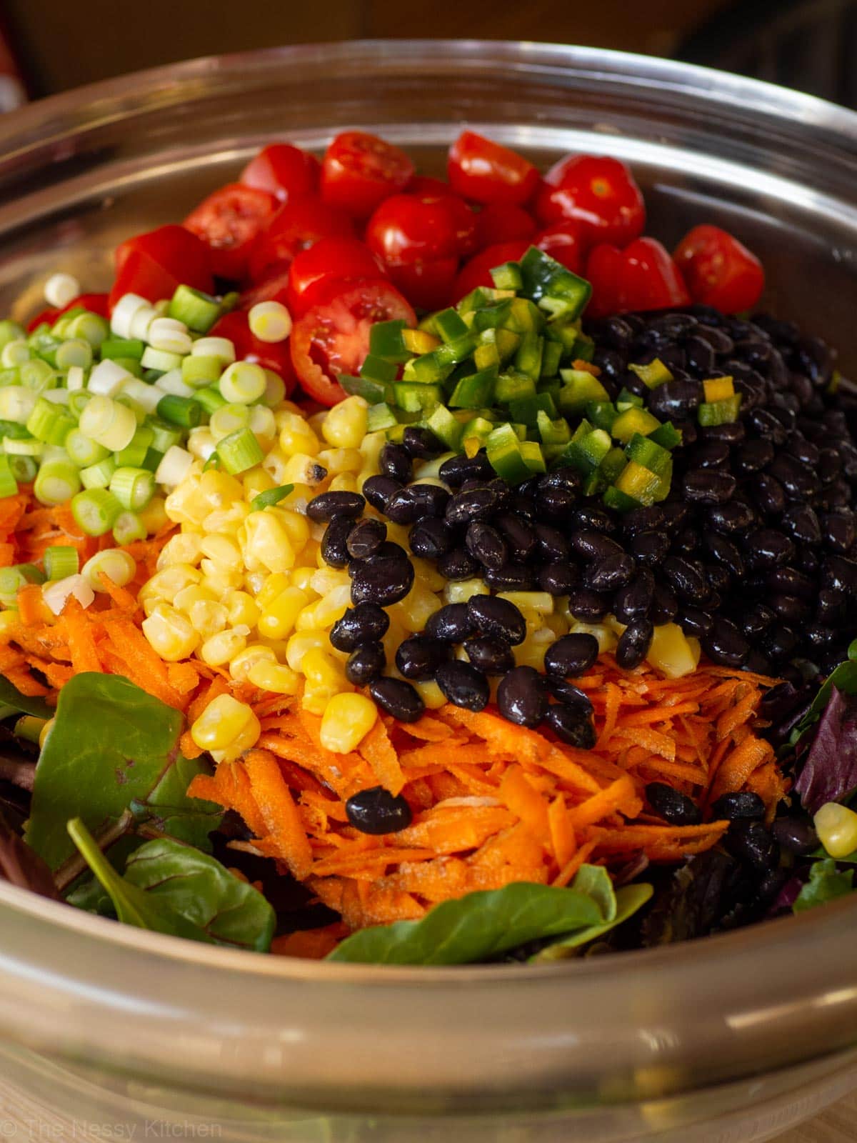 Close up shot showing how colourful the salad is.