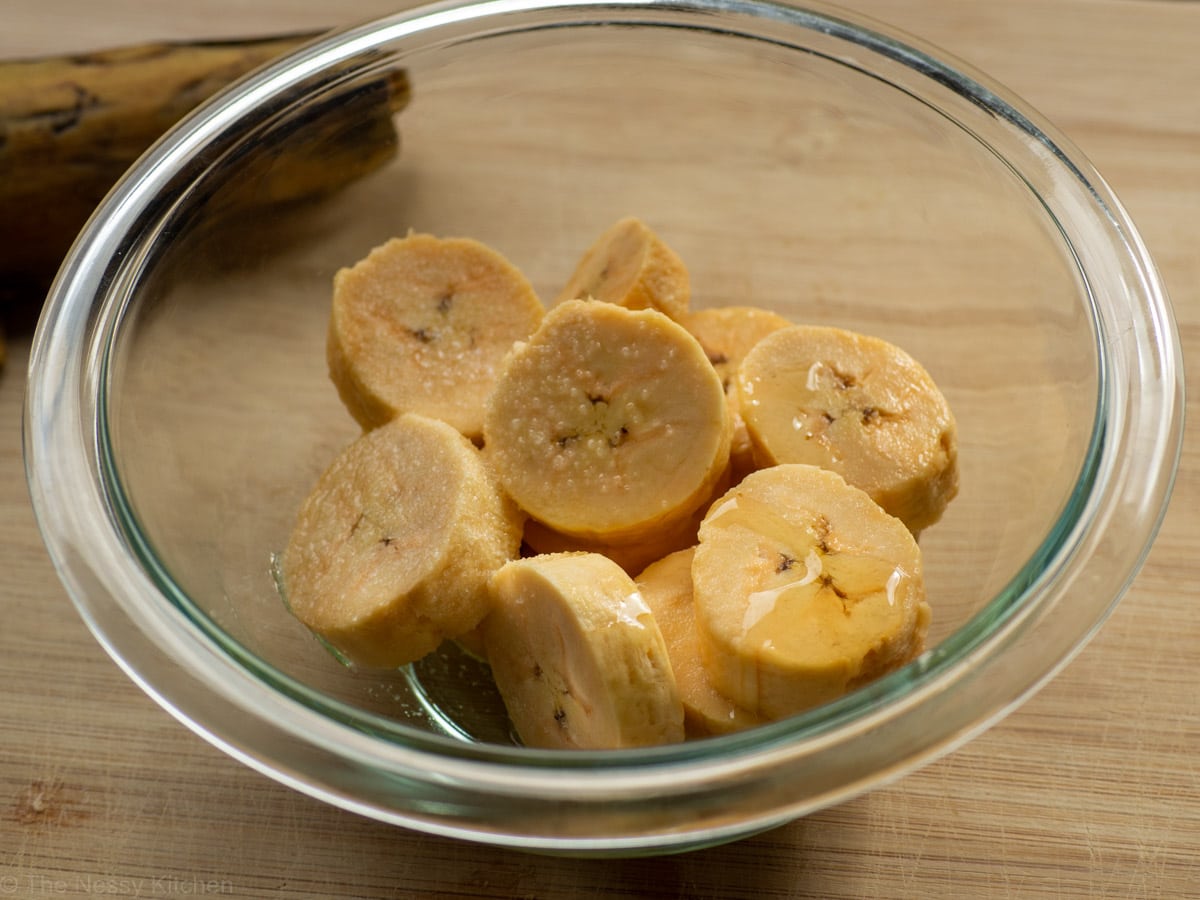 Plantain dollars tossed with salt and oil.