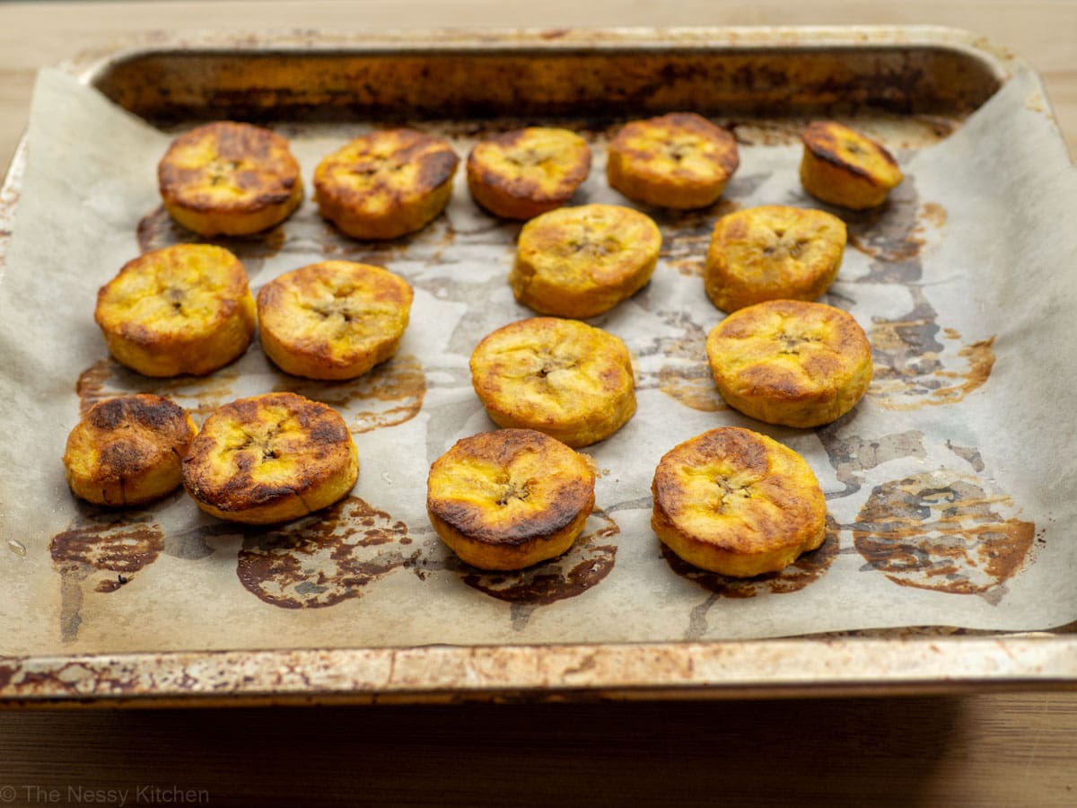 A sheet pan of sweet plantains that are finished baking.