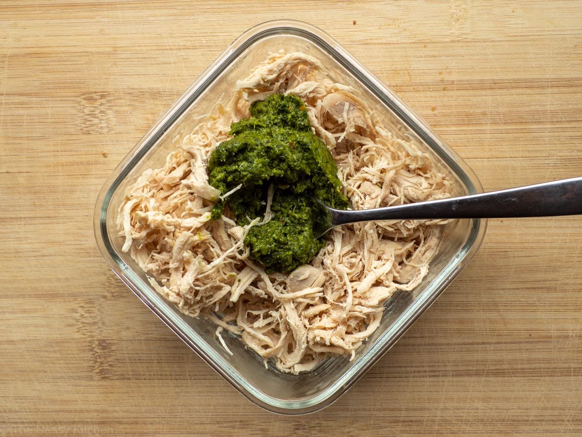 Shredded chicken mixed with Chimichurri sauce.