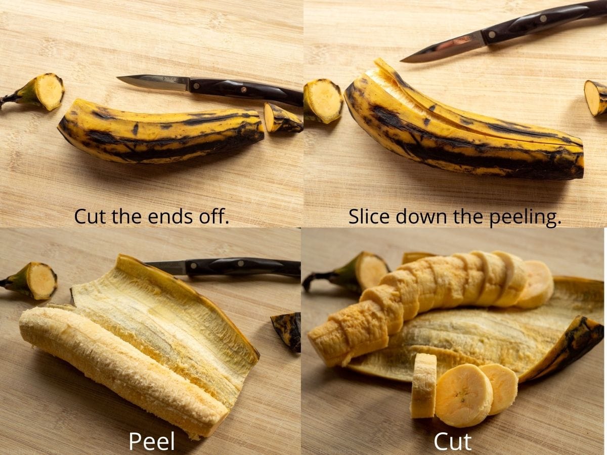 Collage of four photos showing the steps for how to peel and cut a sweet plantain. First, cut the ends off then slice down the length of the peel. Then pull to remove the peel and finally slice into rounds.