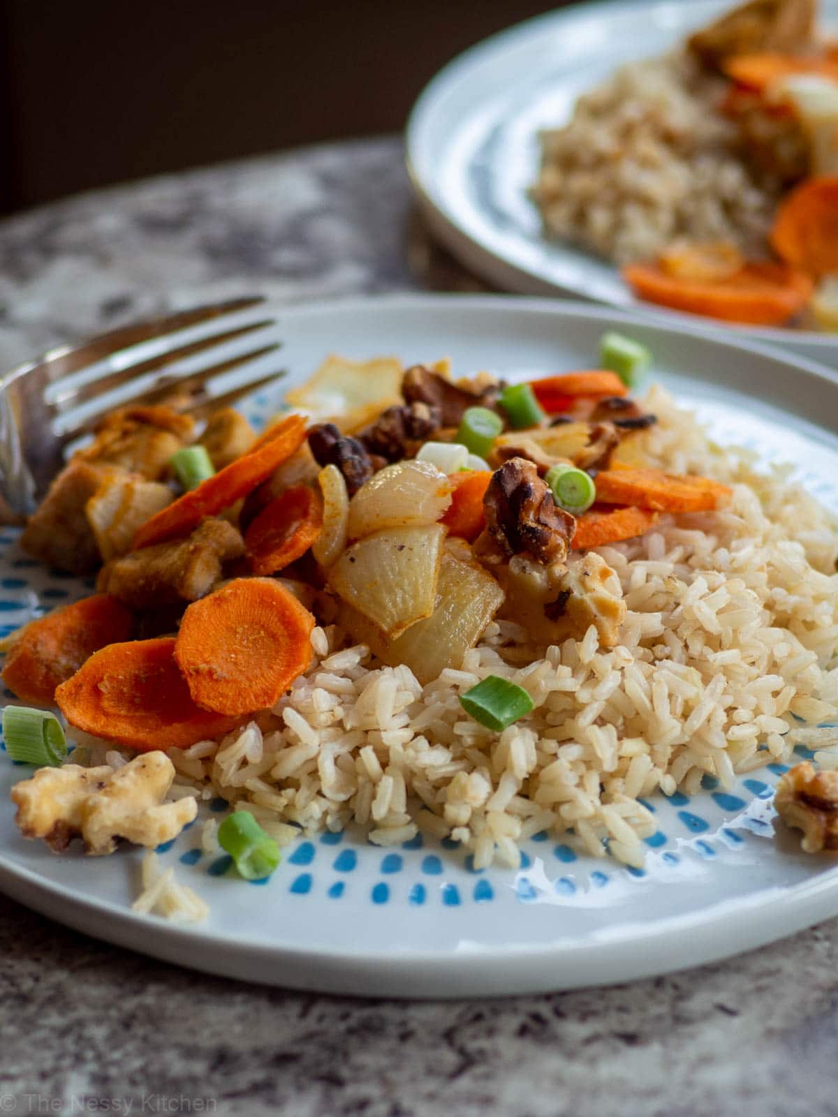 Chicken, carrots, onions and rice on a plate topped with chives and walnuts.