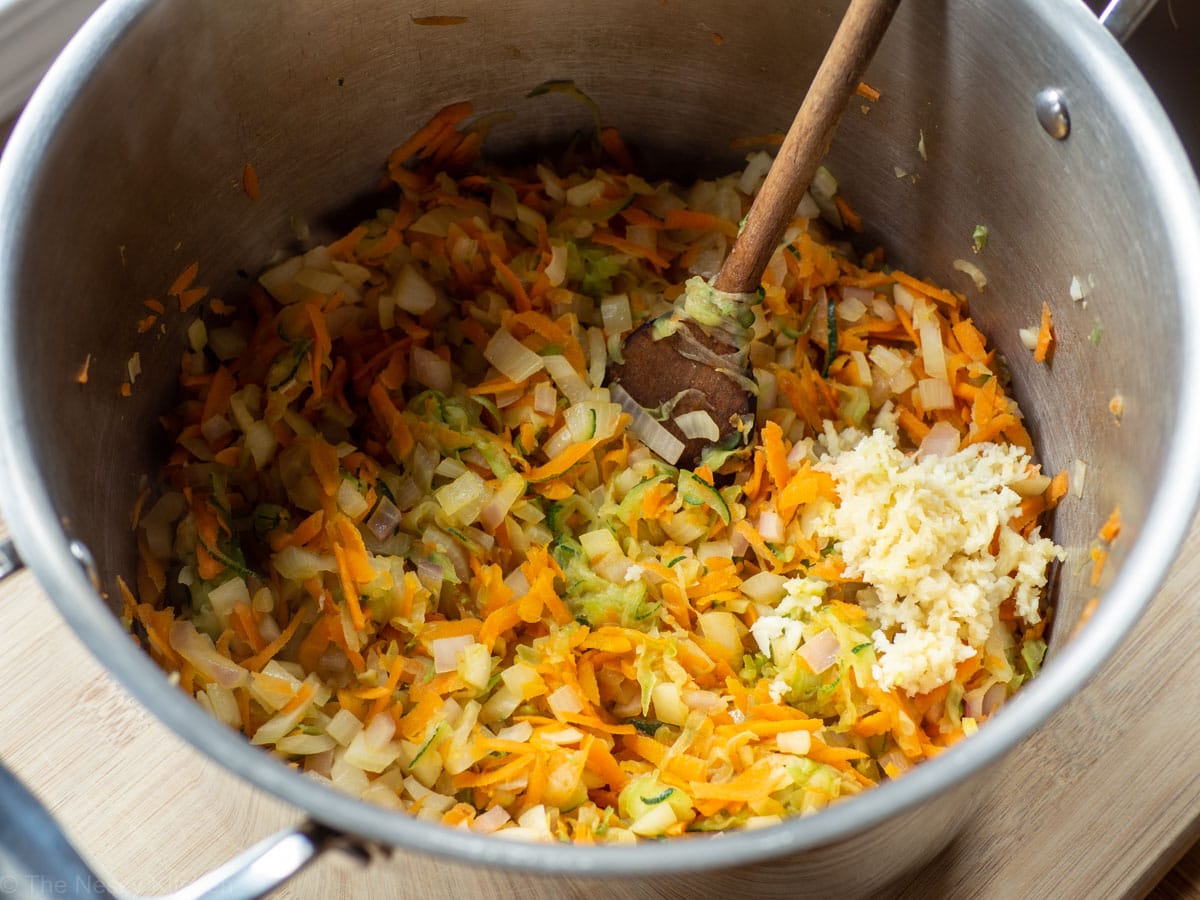 Vegetables cooked and softened.