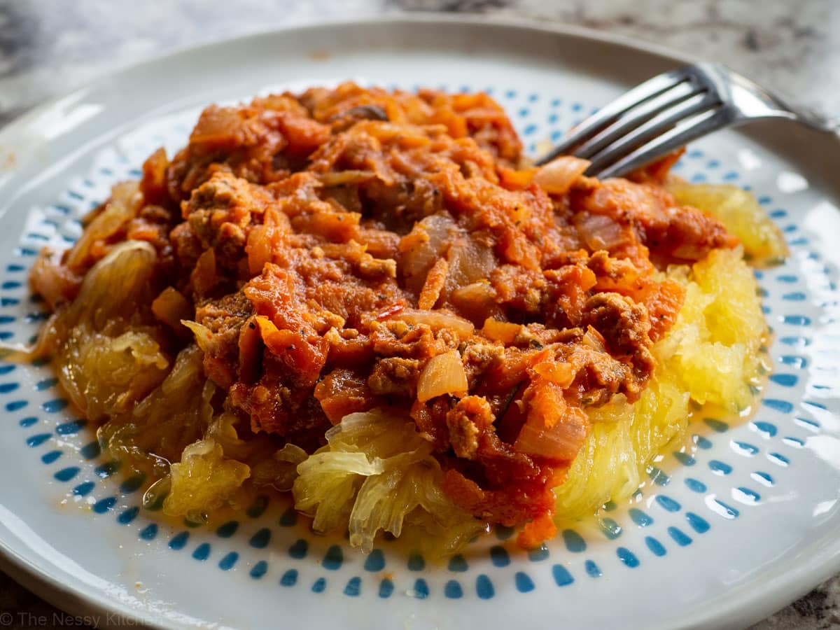 Turkey meat sauce on spaghetti squash.