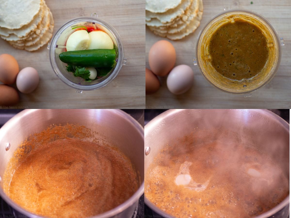 Steps showing how to make homemade huevos rancheroes sauce.