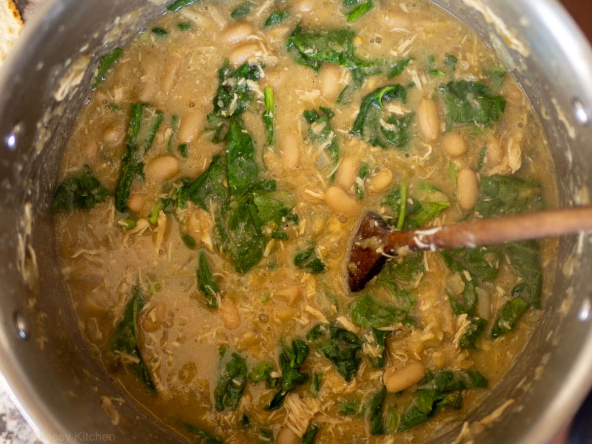 Kale stirred into the chili and wilted.