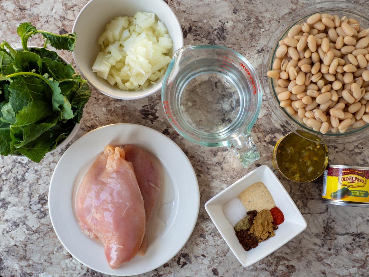 Ingredients for white chili with chicken and kale.
