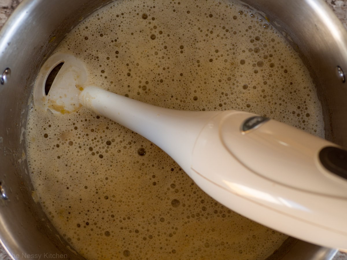 Chili that has been partially pureed with an immersion blender.