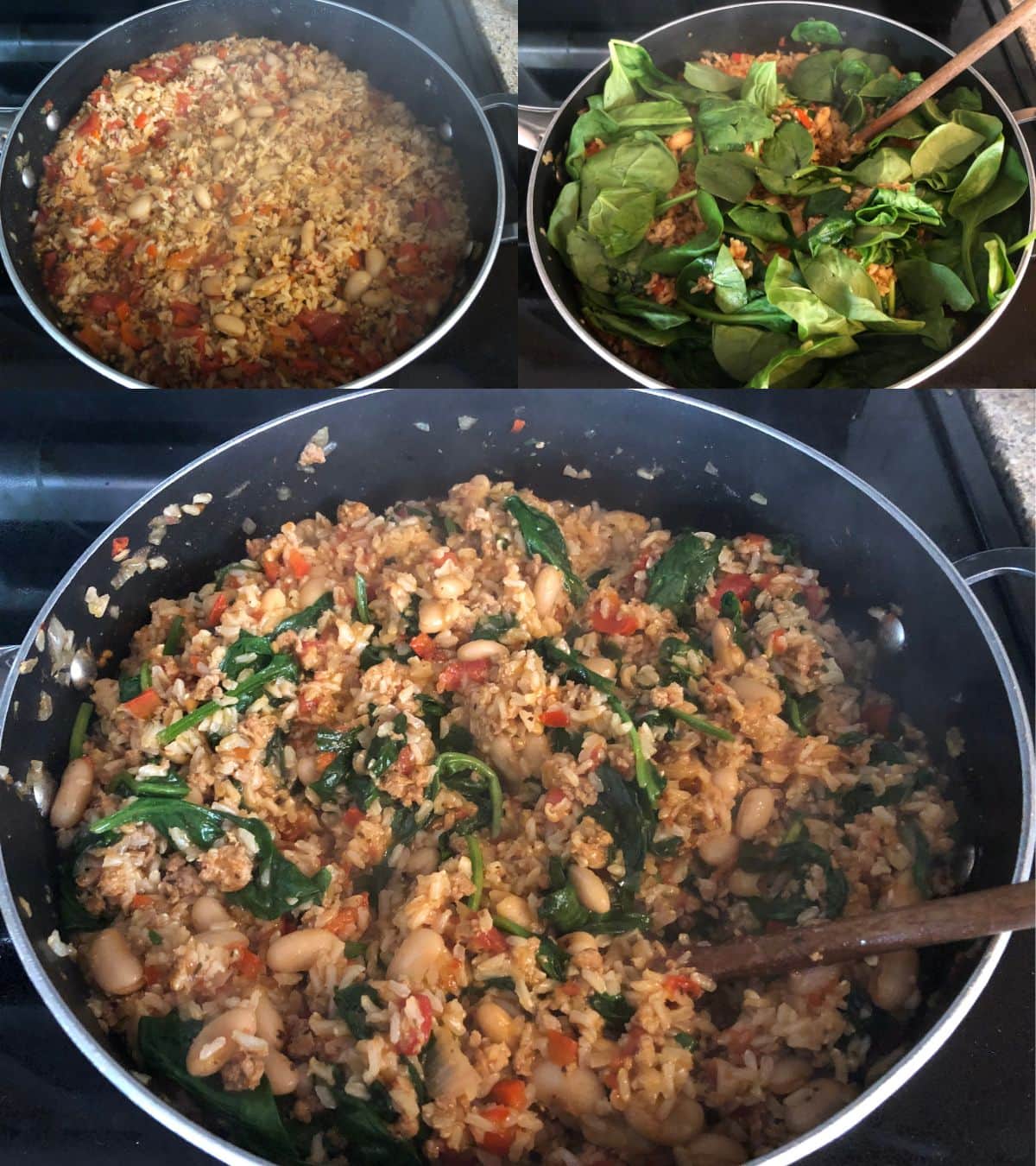 Spinach added to a skillet to wilt.