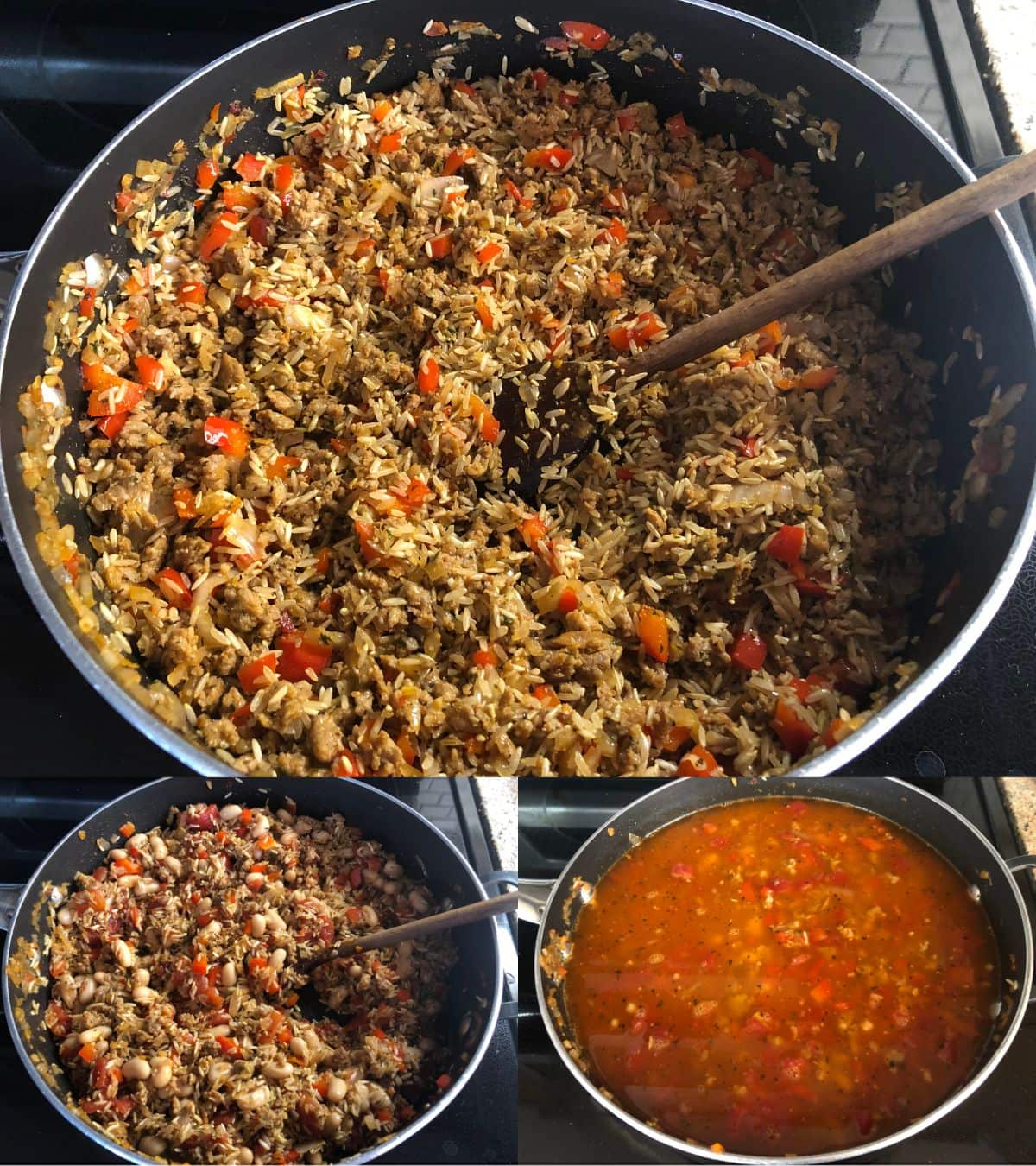 Rice and Italian sausage cooking in a skillet.