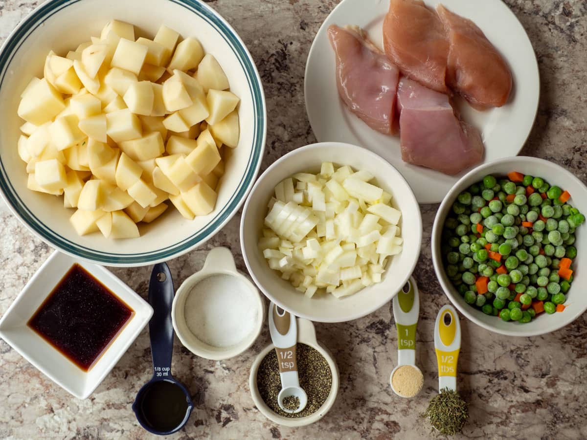 Ingredients for potato and chicken skillet.