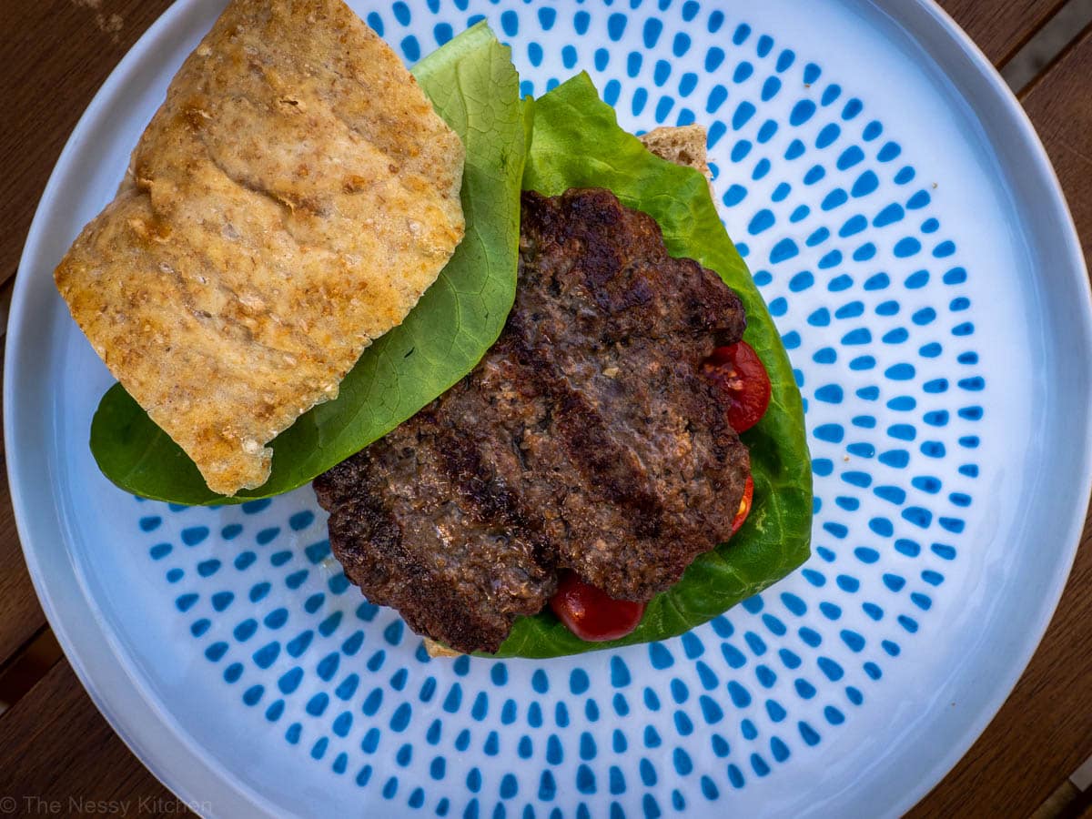 Beef burger on a plate.