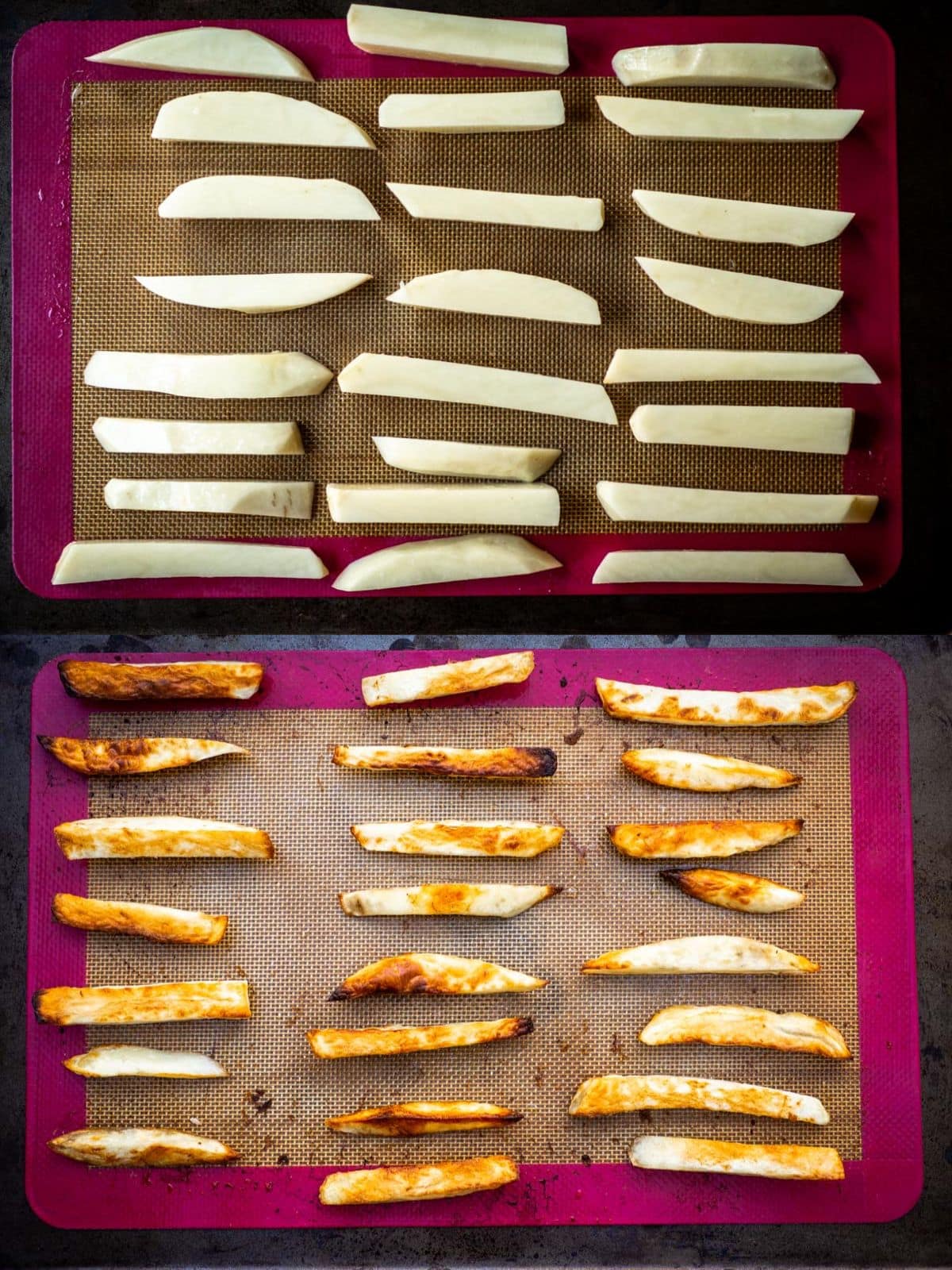 Fries positioned directly on silicone mats demonstrating alternative cooking method.
