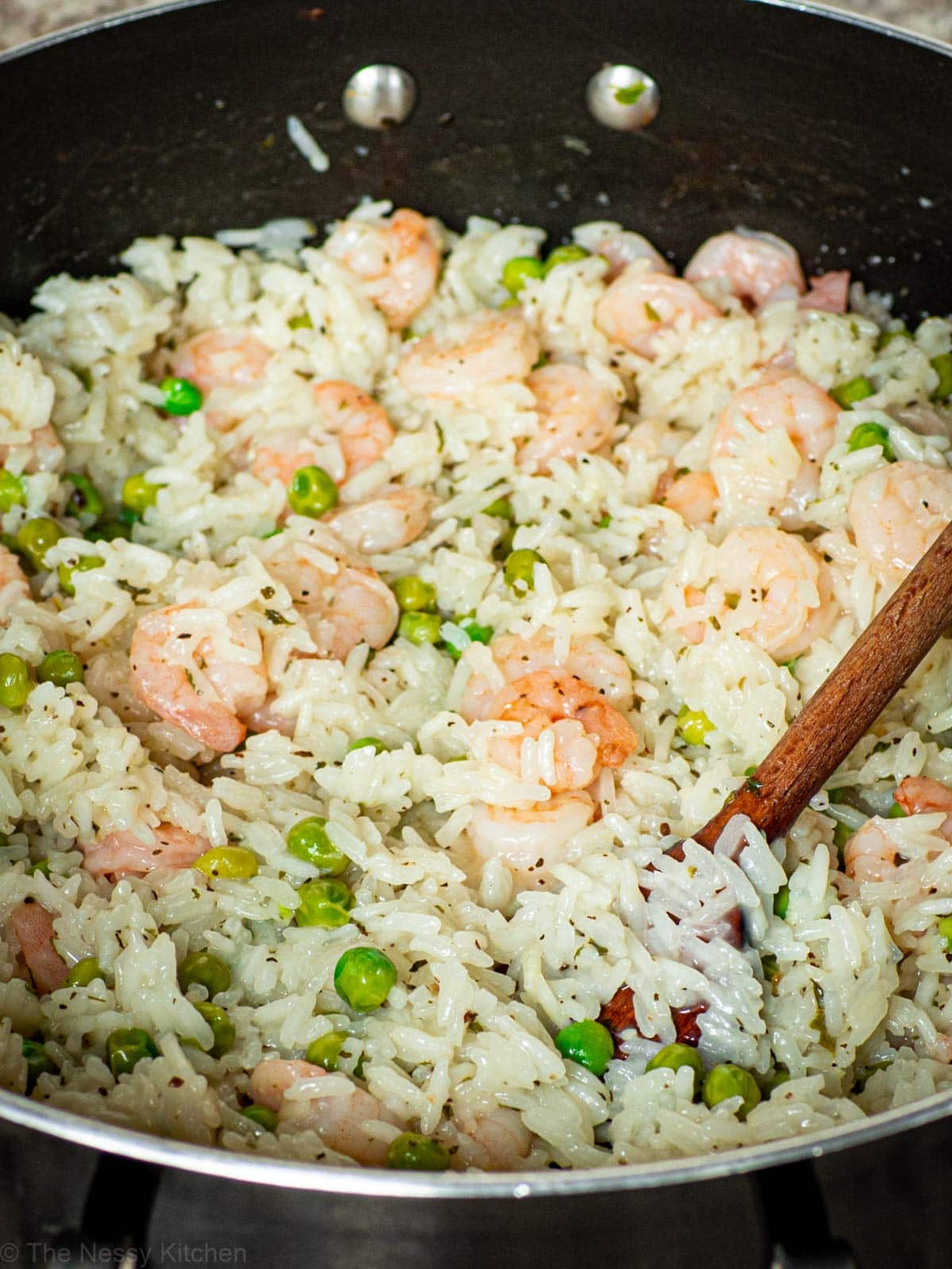 Shrimp stirred into the rice skillet before serving.