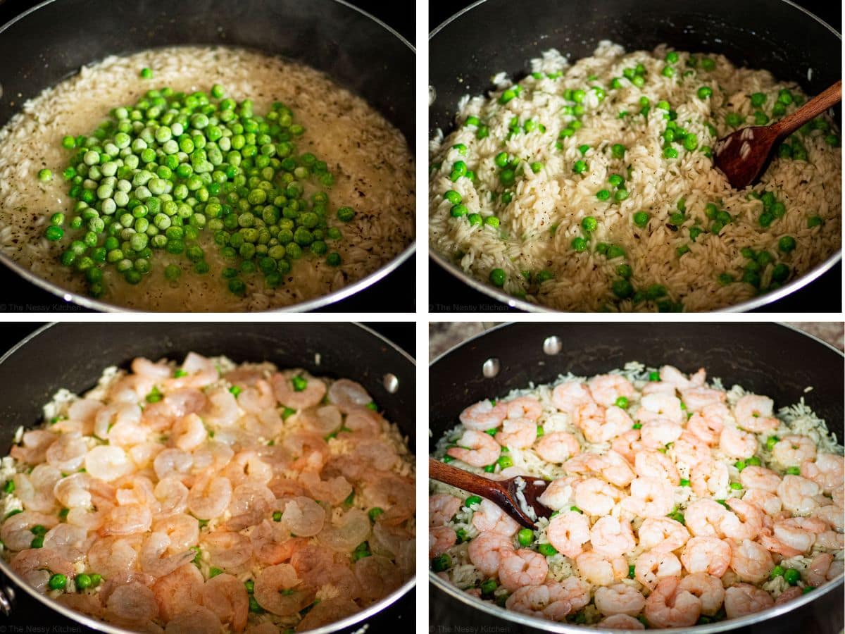 Adding peas and shrimp to skillet.
