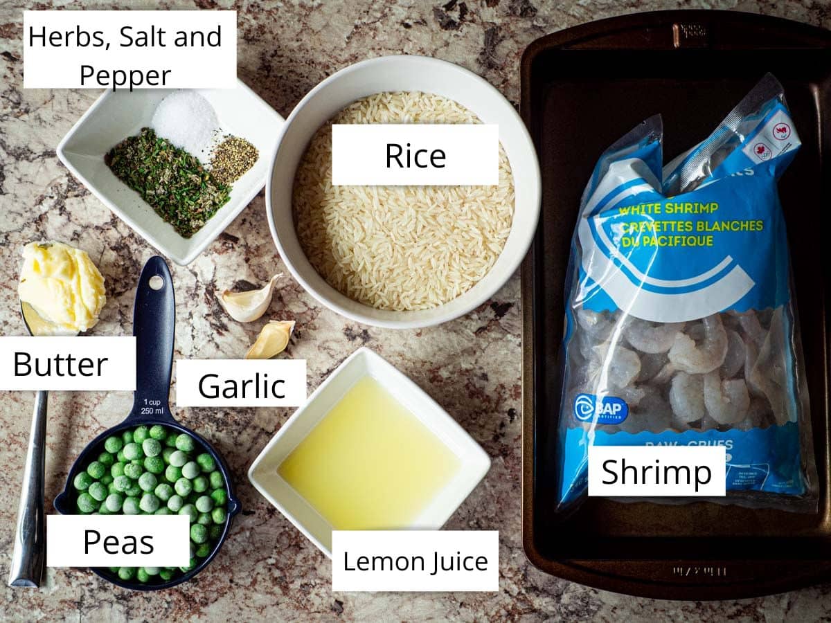 Ingredients for lemon herb shrimp and rice skillet.