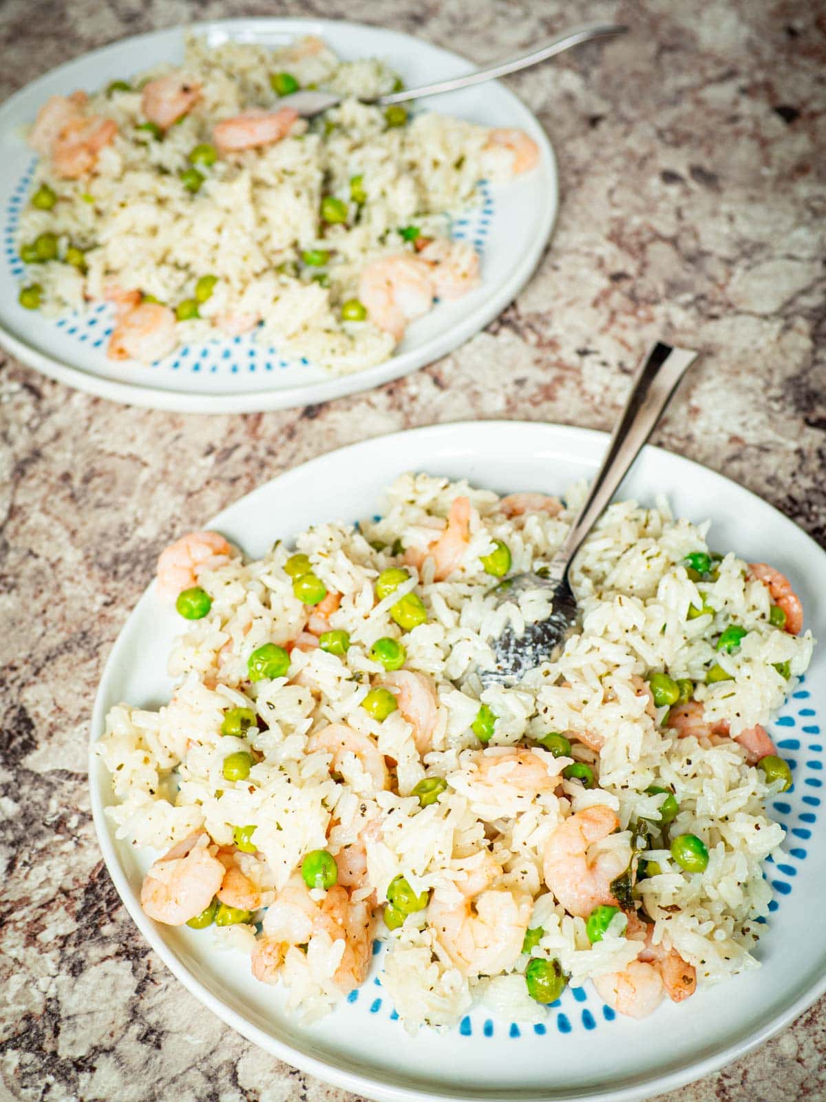 Lemon herb shrimp and rice dished out onto two plates.