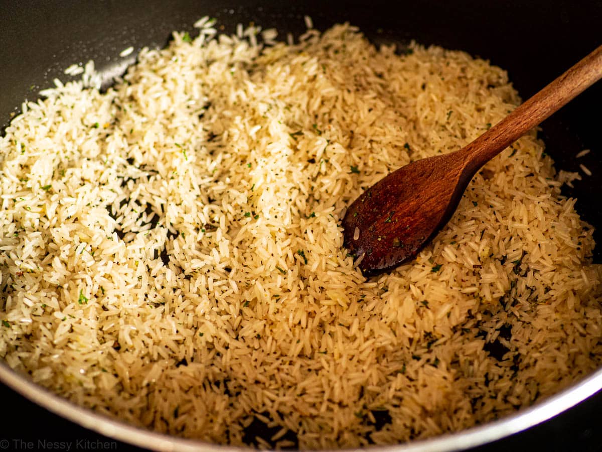 Rice toasted in a skillet.