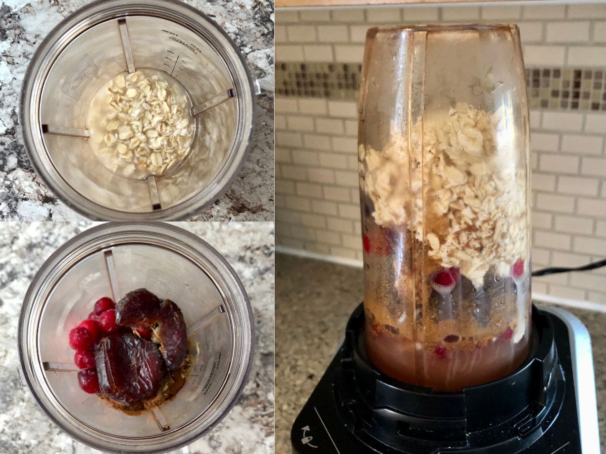 Collage showing how to make smoothie. First picture shows oats soaking. Second picture shows remaining ingredients added to the blender and third picture shows blending everything together.