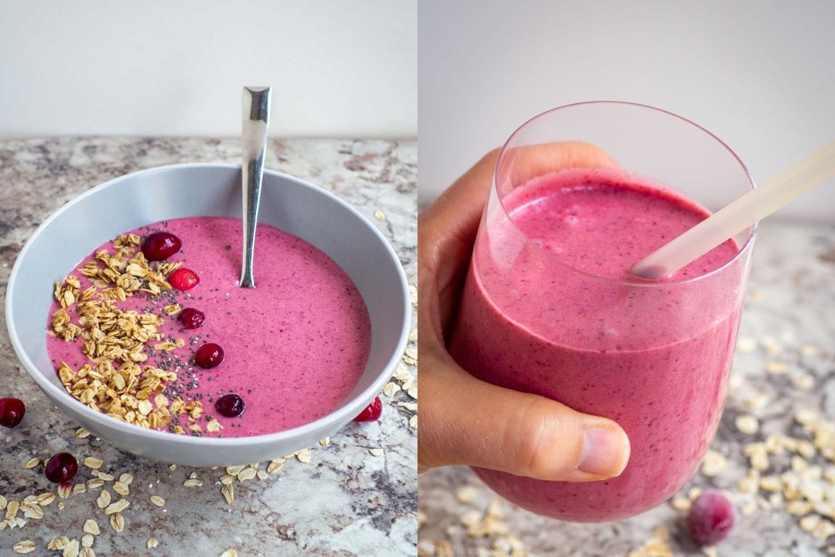 Collage showing this recipe can be use in a smoothie bowl with toppings (first picture) or drank as a smoothie (second picture- a glass with a straw). 