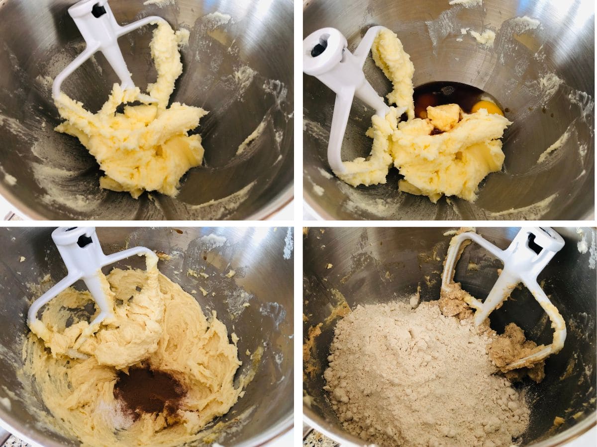 Collage of four images showing how to mix the dough for oat flour snickerdoodles. First image shows butter and sugar that has been creamed. Second image shows adding vanilla and egg. Third image shows adding cinnamon and fourth image shows adding the flour.