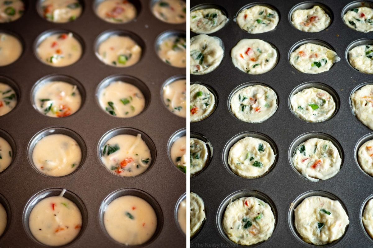 Egg mixture divided into a mini muffin tin. Before and after baking.