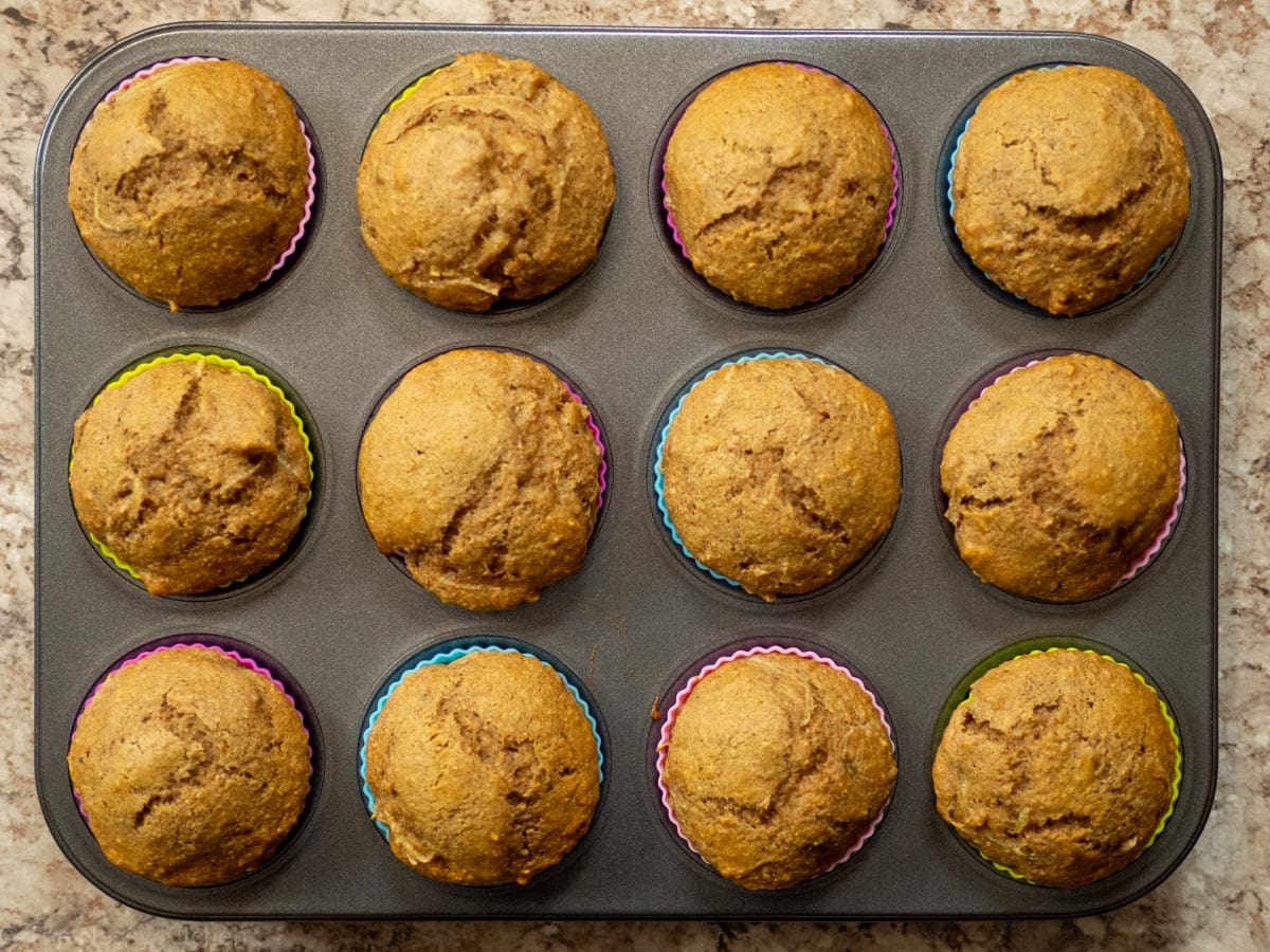 Baked muffins in silicone liners.