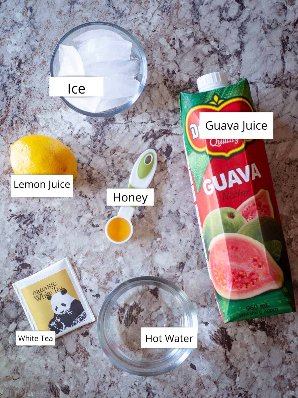 Ingredients for copycat Starbucks guava white tea lemonade.