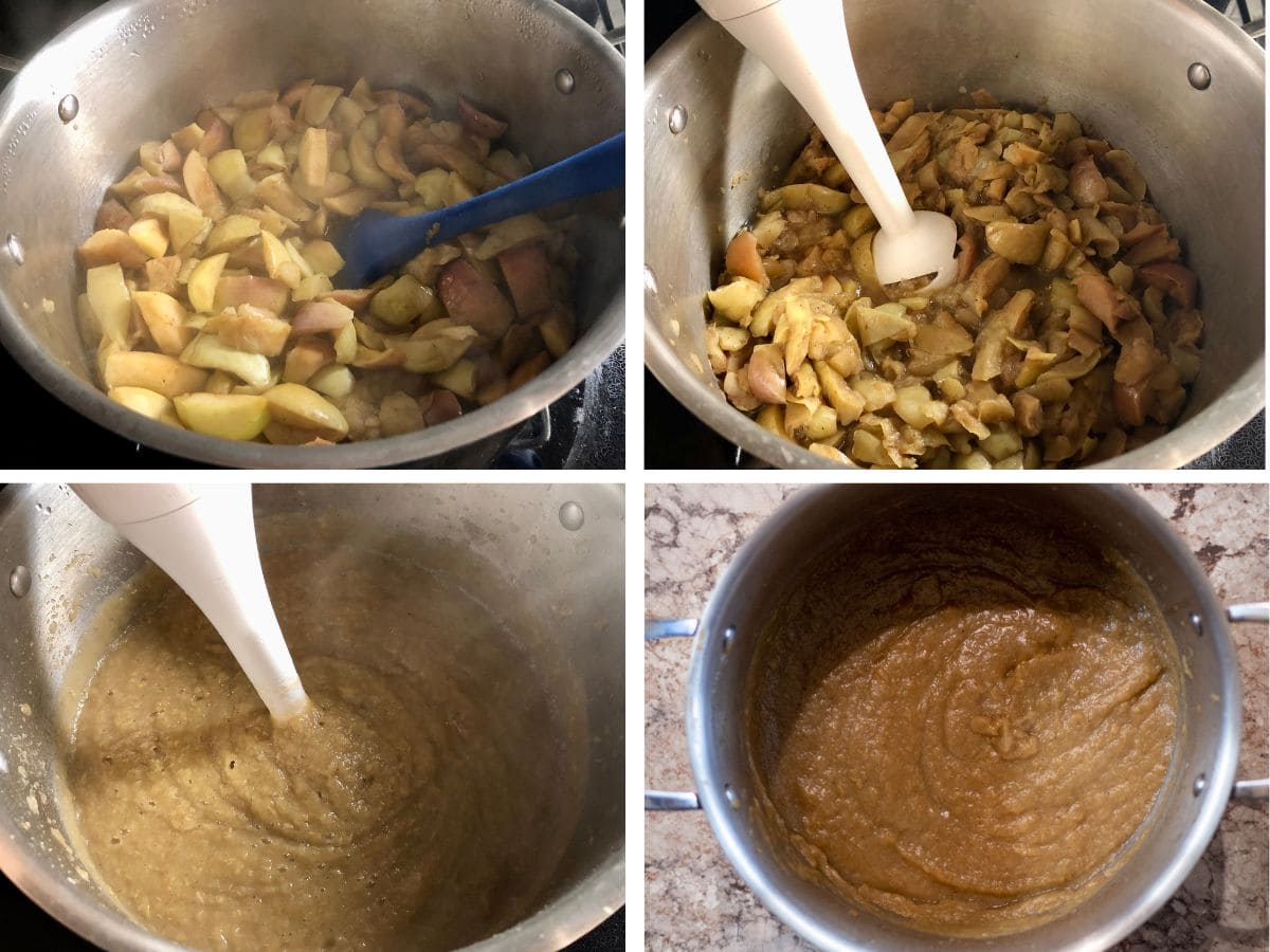 Apples cooked in a pot with peels left on.