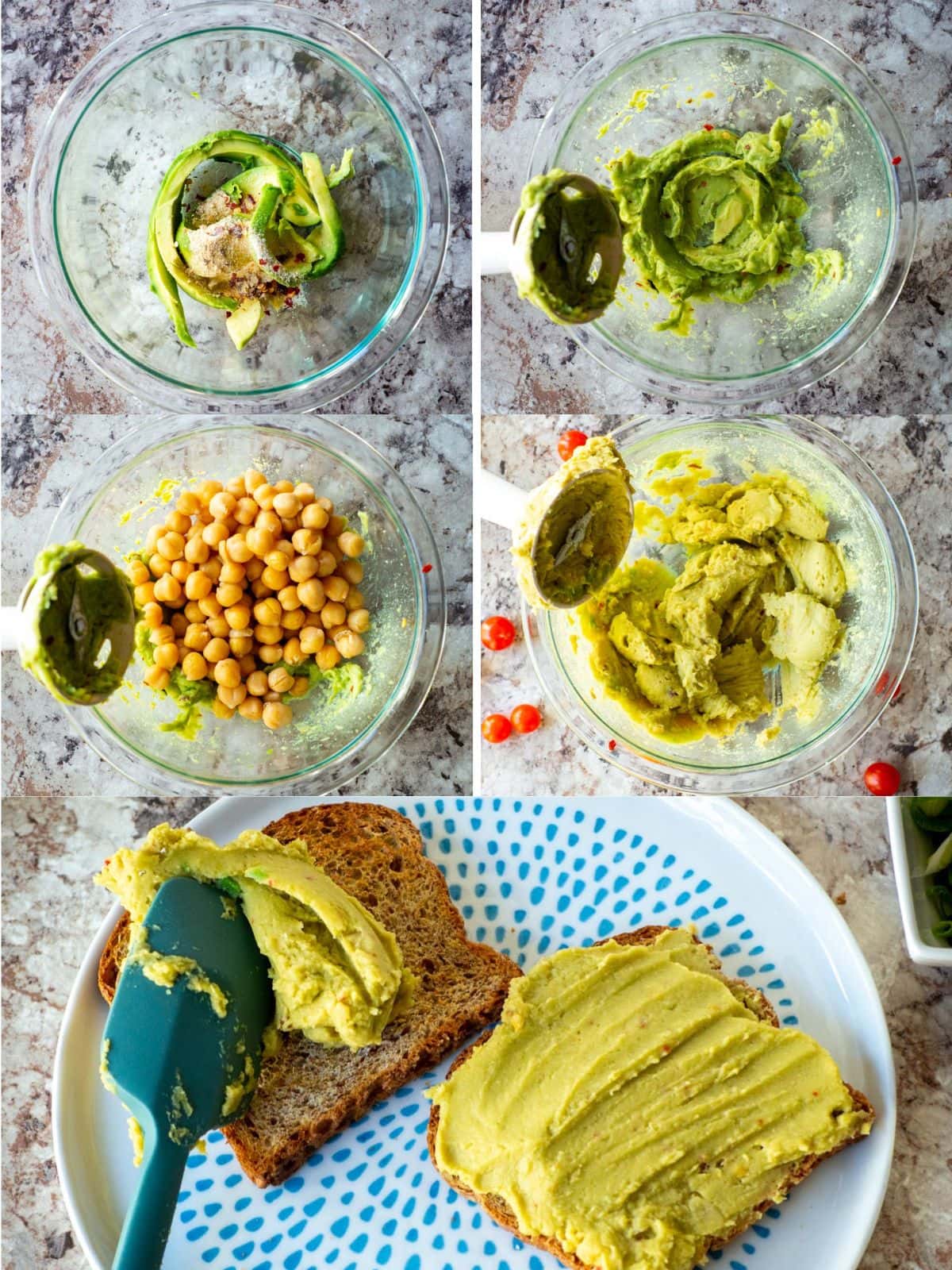 How to make avocado chickpea mixture for toasts.