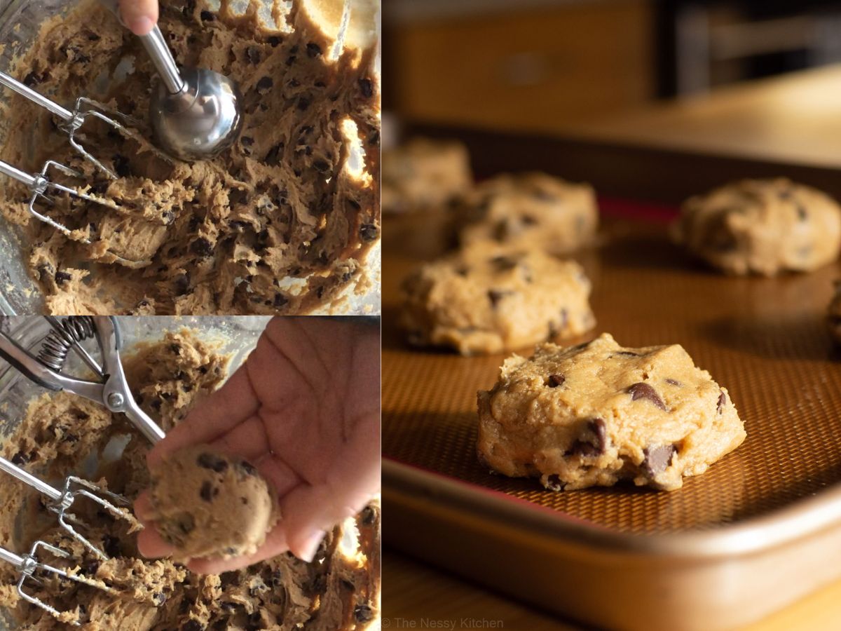 Cookie batter being portioned and place on a cookie sheet.