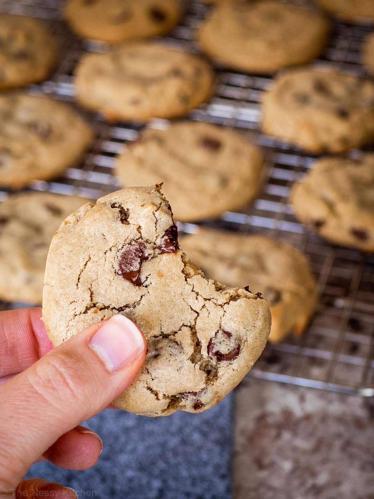 Hand holding a chocolate chip cookie with a bite taken out.