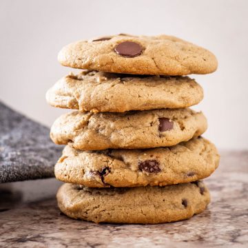 Stack of chocolate chip cookies made with oat flour.