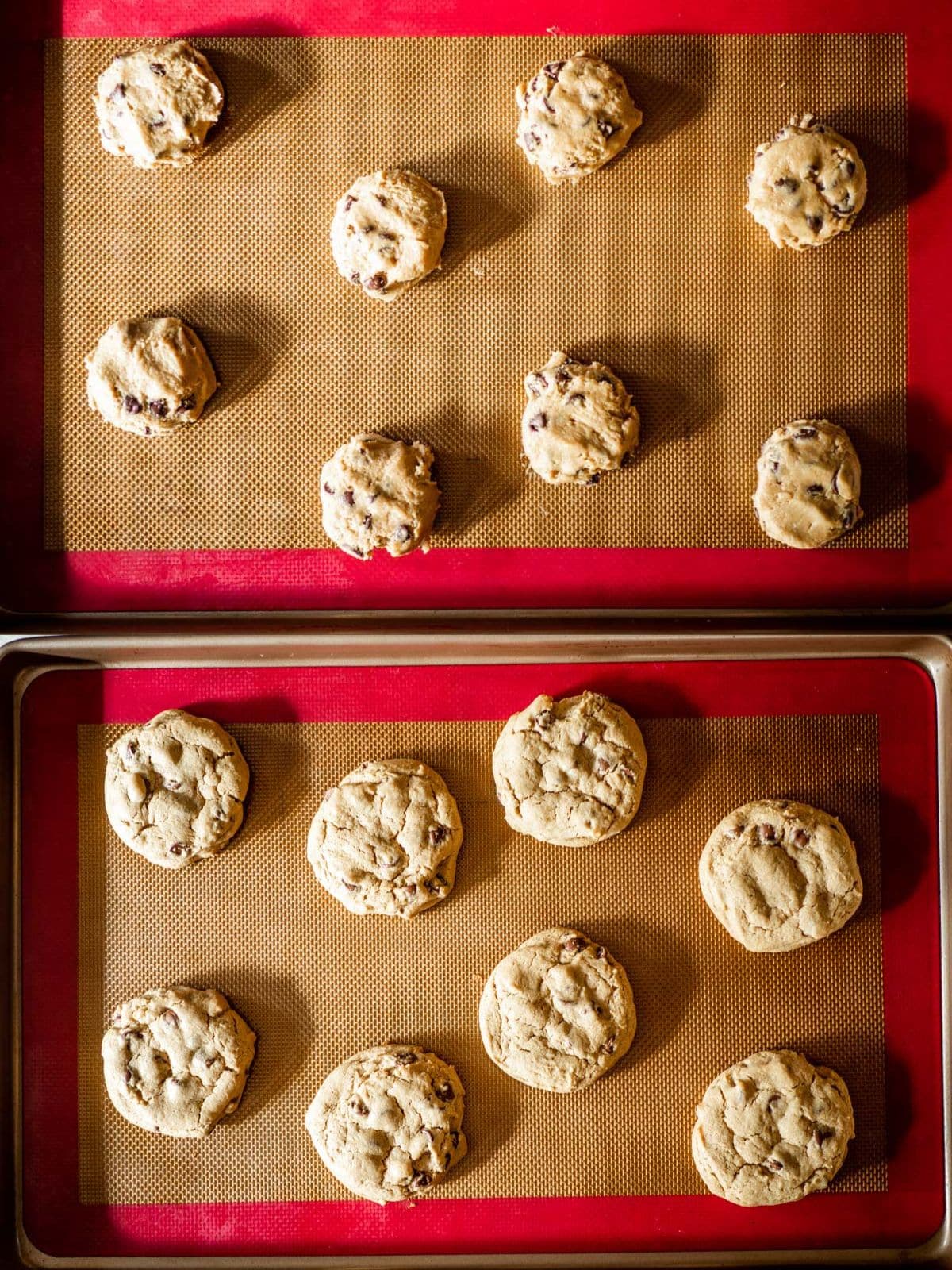 Chocolate chip cookies on a cookie sheet before and after baking.