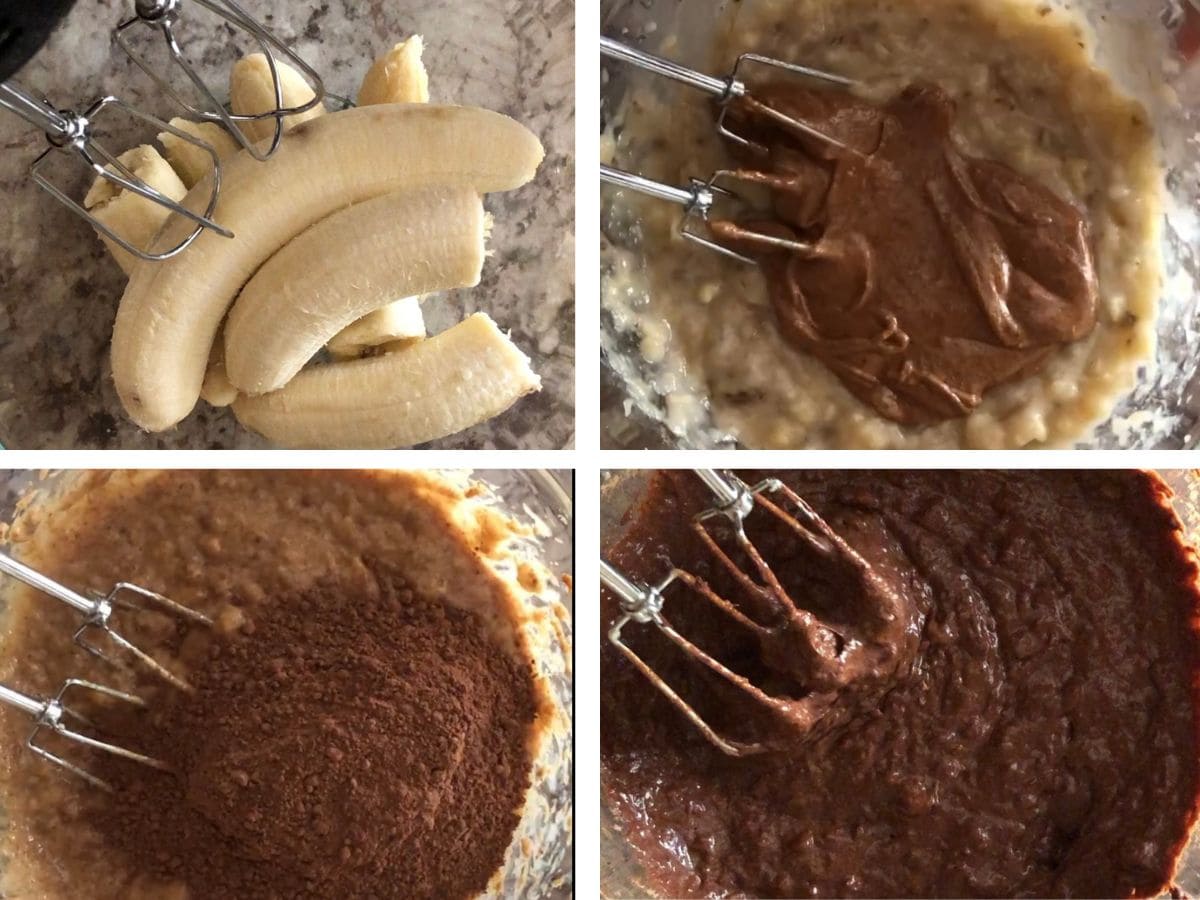 Bananas being mashed with a hand mixer and then the addition of almond butter and cocoa.