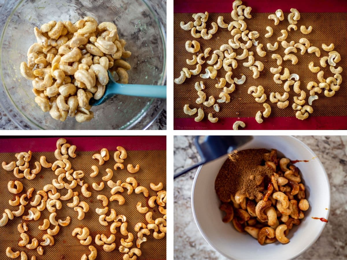 Collage showing steps for making honey roasted cashews.