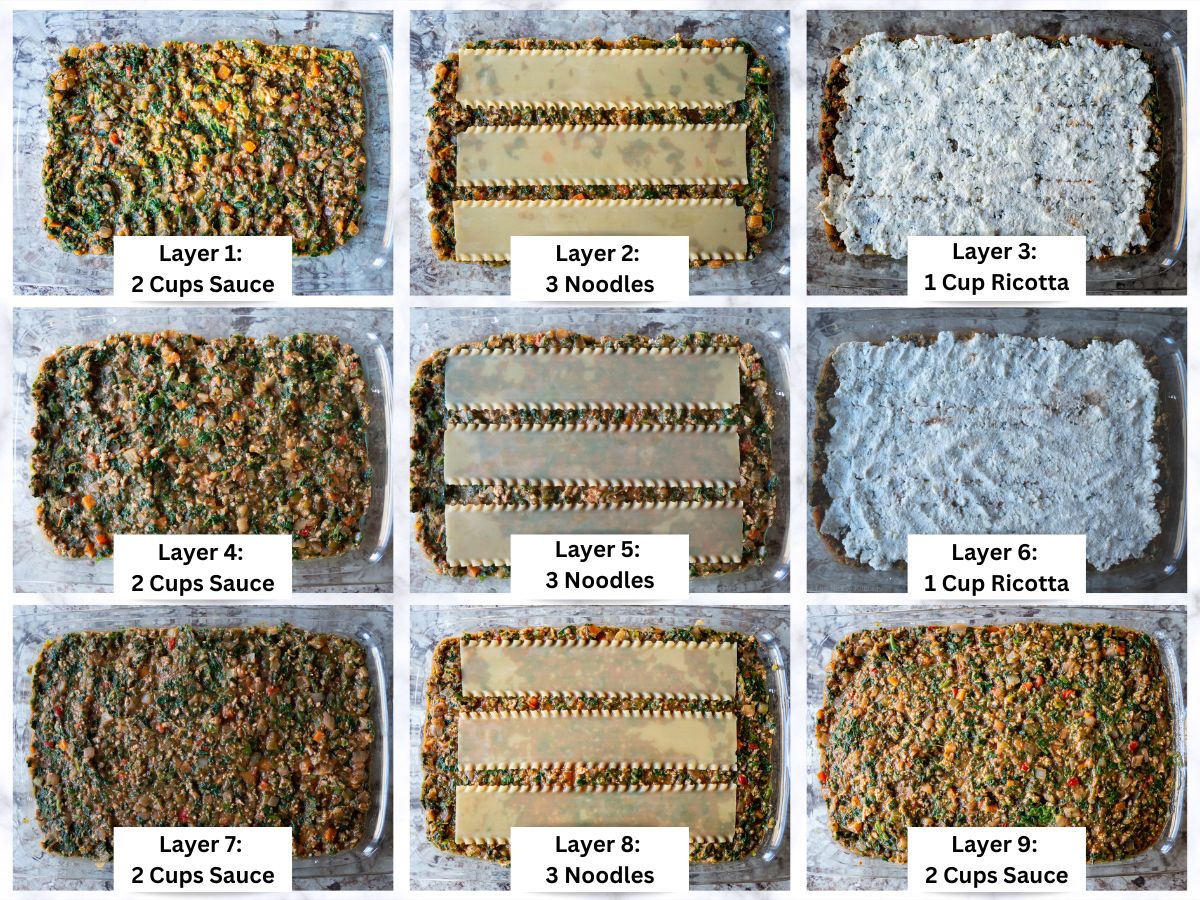 Collage showing how to layer the different levels of lasagna.