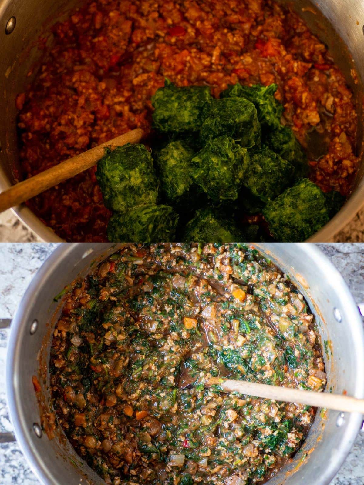 Meat sauce in a large pot with spinach stirred in.