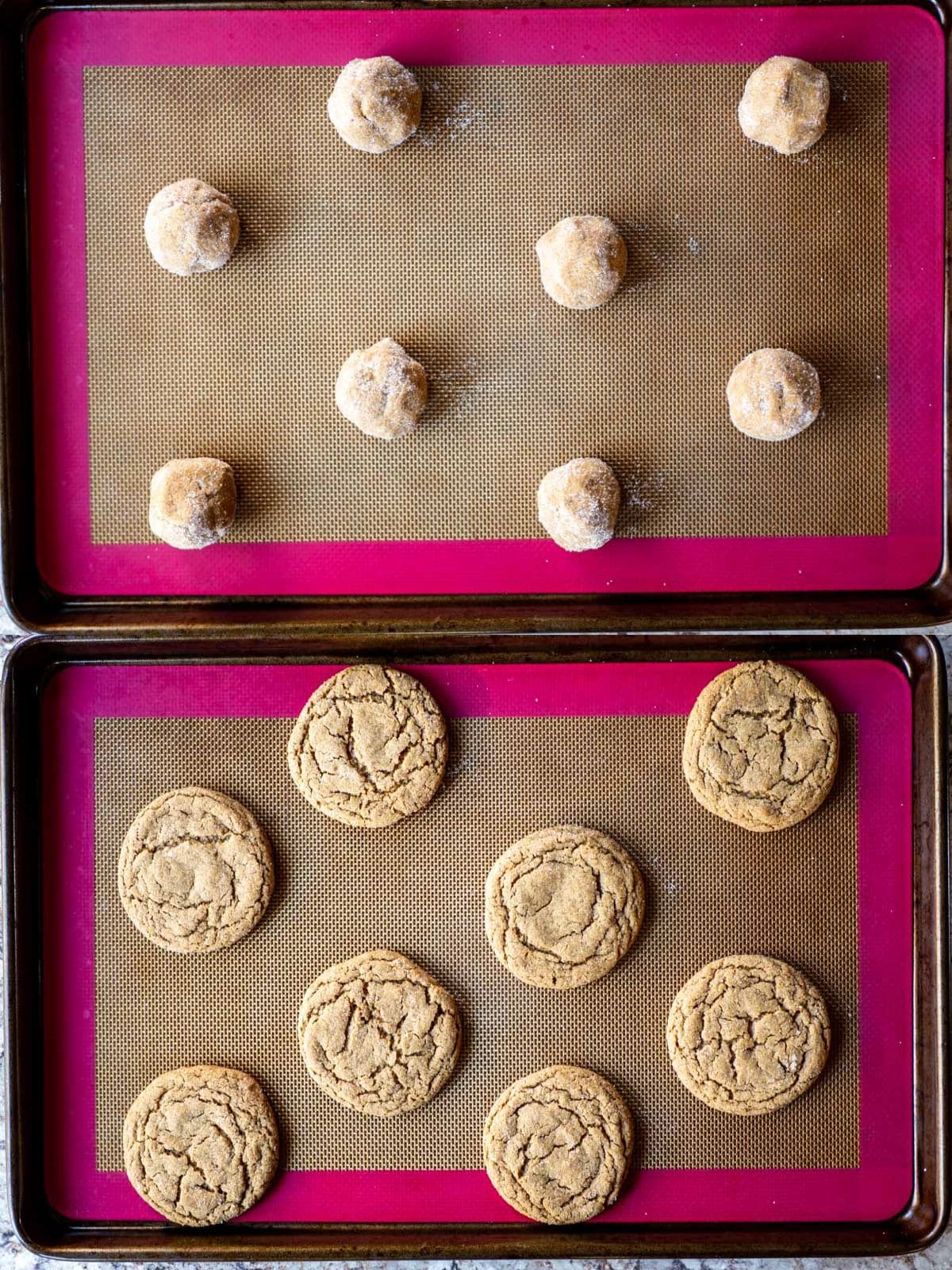 Cookies on a baking sheet before and after baking.