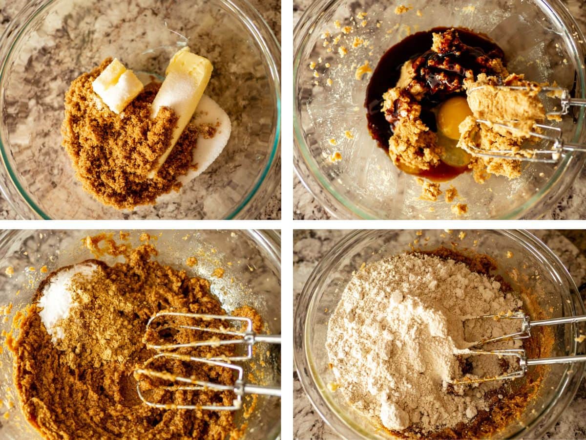 Cookie dough for gingersnaps being mixed in a glass bowl with a hand mixer.